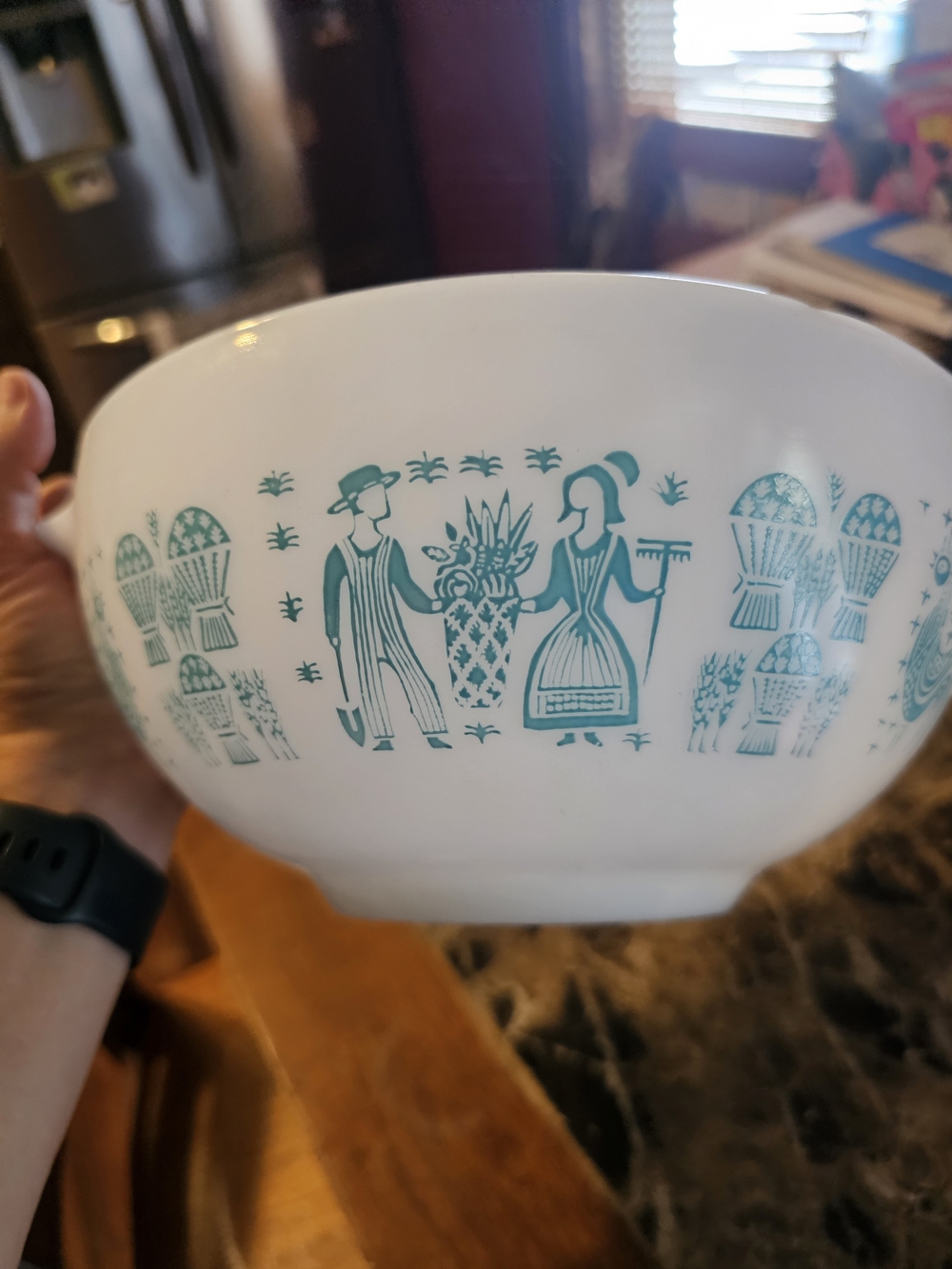 Pyrex Made In USA Ceramic Bowl with Teal Folk Art Design